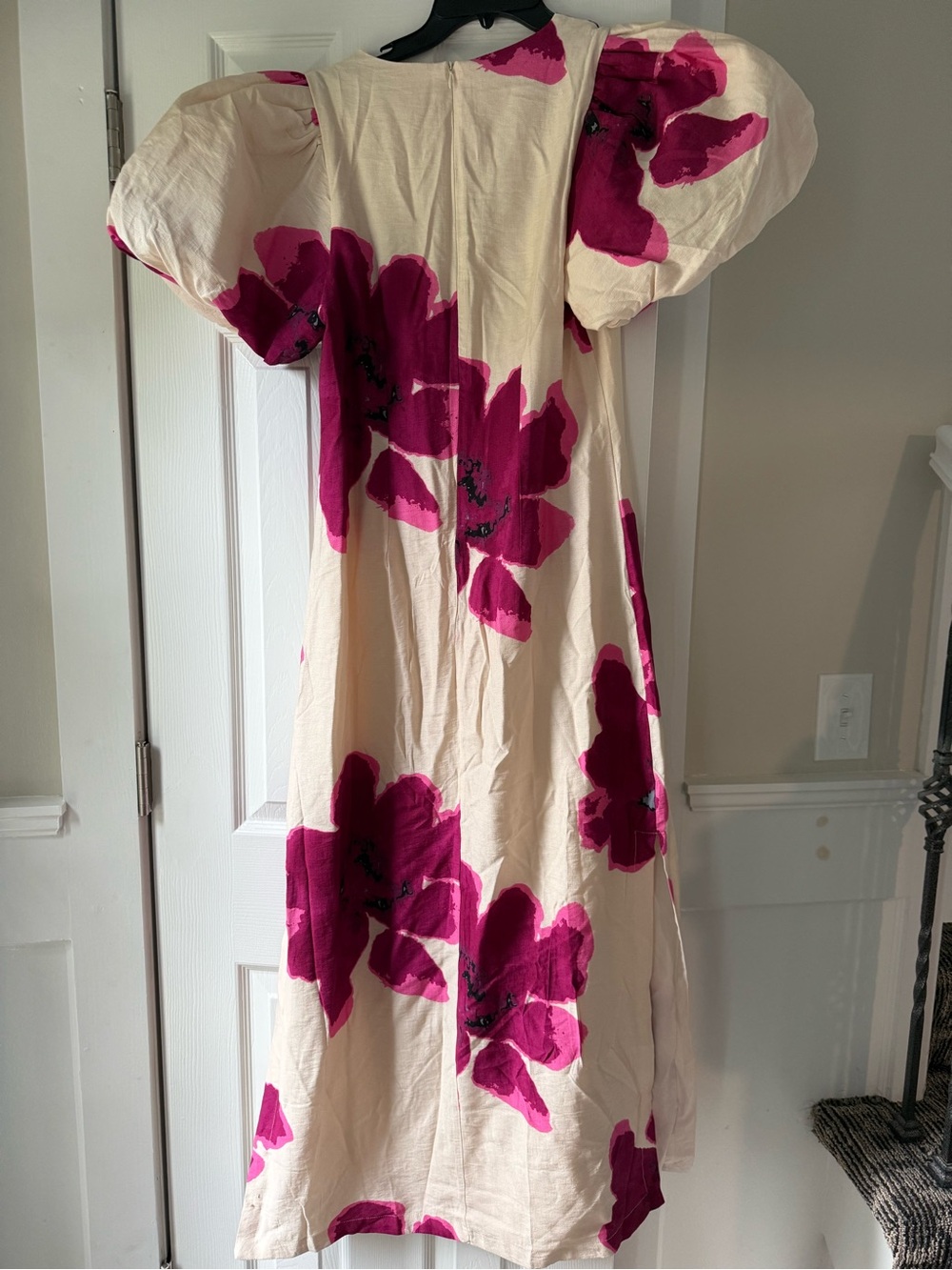 Glam PUFF-SLEEVE A-LINE MAXI DRESS FUCHSIA Large Floral Print Sz Med EC2 - Picture 6 of 8